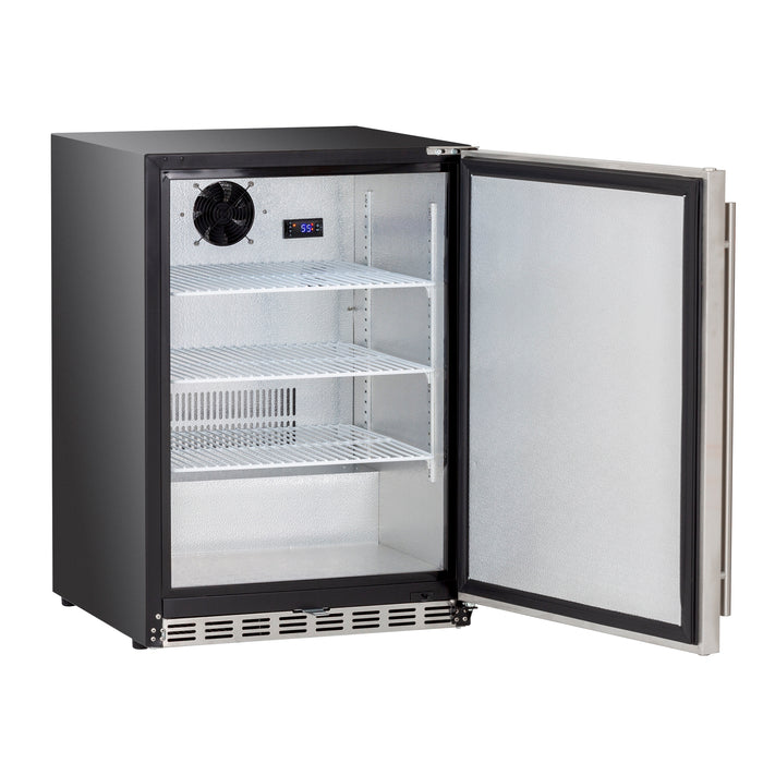 Stono Outdoor Living The TrueFlame 24" 5.1 Cu. Ft. Outdoor Rated Refrigerator (Right Hinge) by TrueFlame is shown open, featuring a black and silver design, three empty wire shelves, an interior fan, and a digital temperature display.