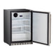 Stono Outdoor Living The TrueFlame 24" 5.1 Cu. Ft. Outdoor Rated Refrigerator (Right Hinge) by TrueFlame is shown open, featuring a black and silver design, three empty wire shelves, an interior fan, and a digital temperature display.