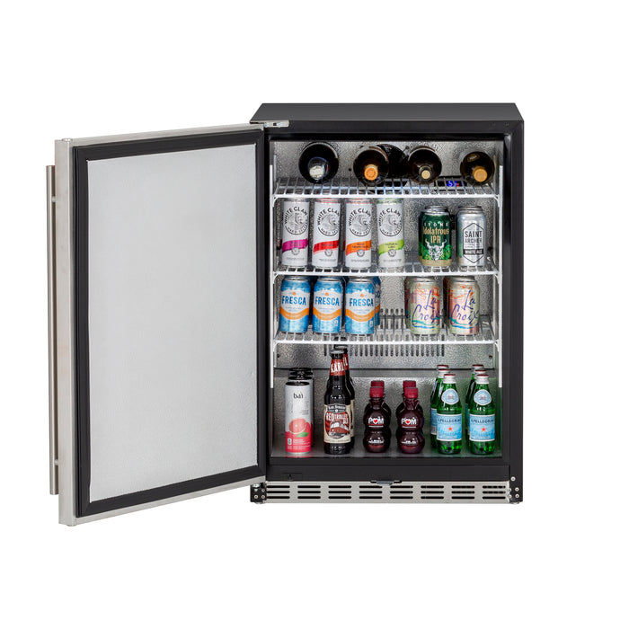 Stono Outdoor Living The TrueFlame 24" 5.1 Cu. Ft. Outdoor Rated Refrigerator (Right Hinge) features a durable metal exterior, three wire shelves, and displays sparkling water, wine, beer, soda, and bottled water with its open door.