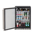 Stono Outdoor Living The TrueFlame 24" 5.1 Cu. Ft. Outdoor Rated Refrigerator (Right Hinge) features a durable metal exterior, three wire shelves, and displays sparkling water, wine, beer, soda, and bottled water with its open door.