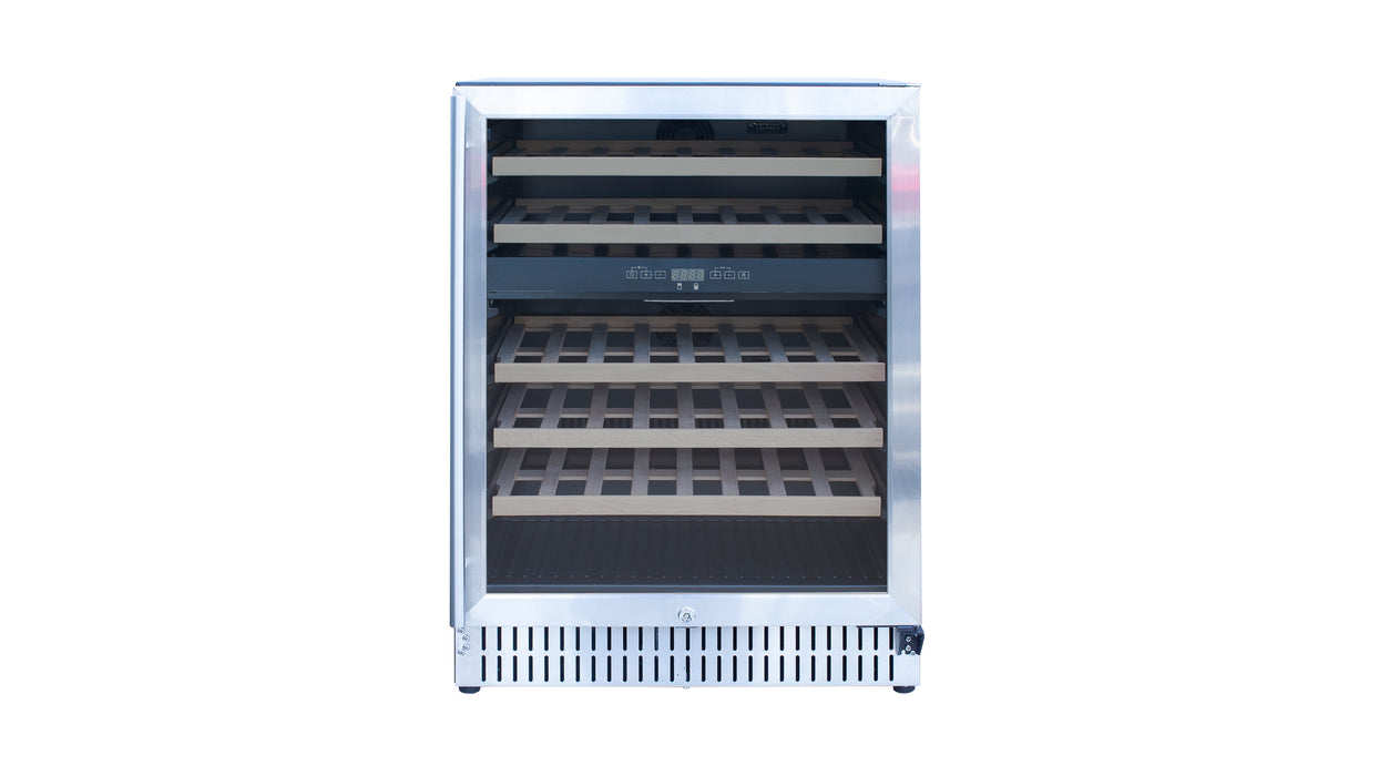 Stono Outdoor Living The TrueFlame 24" 5.3 Cu. Ft. Outdoor Rated Dual Zone Wine Cooler (AMD-RFR-24WD) features a stainless steel finish, glass door, six wooden shelves, and digital controls—perfect for your outdoor kitchen and shown on a white background.