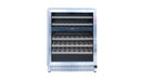 Stono Outdoor Living The TrueFlame 24" 5.3 Cu. Ft. Outdoor Rated Dual Zone Wine Cooler (AMD-RFR-24WD) features a stainless steel finish, glass door, six wooden shelves, and digital controls—perfect for your outdoor kitchen and shown on a white background.