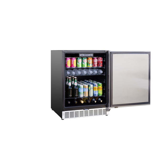 Stono Outdoor Living The TrueFlame 24" 5.0 Cu. Ft. Outdoor Rated Refrigerator (125-AMD-RFR-24S-B) showcases open stainless steel doors with shelves stocked with soda, water, beer, and wine—ideal for any outdoor kitchen setup.