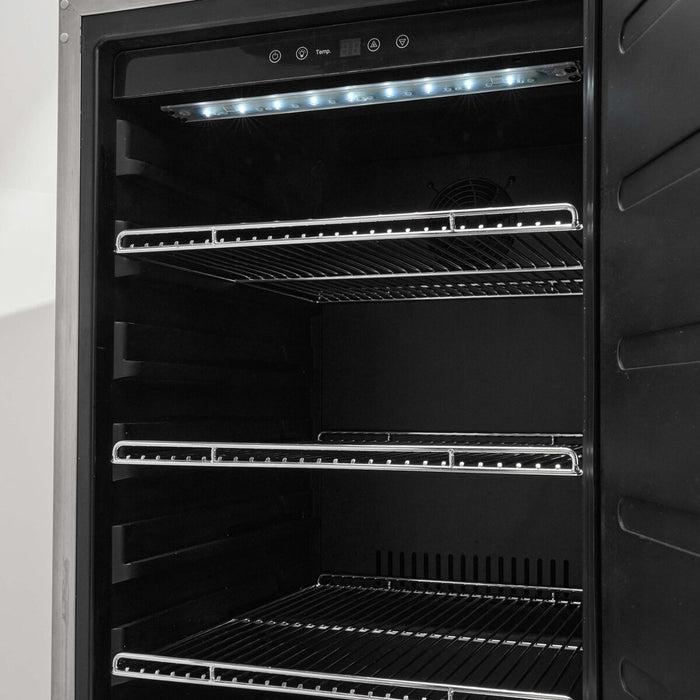 Stono Outdoor Living The Coyote 21" Outdoor Refrigerator (C121R-S-R) features a right hinge, three stainless steel wire shelves, and top LED lighting—ideal for any outdoor kitchen.