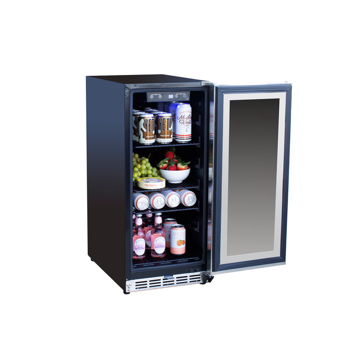 Stono Outdoor Living The TrueFlame 15" 3.2 Cu. Ft. Outdoor Rated Refrigerator with Glass Door (AMD-RFR-15G) sits against a white background, open to display stocked shelves—ideal for outdoor kitchens with space for cans, bottles, fruit, and yogurt cups.