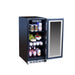 Stono Outdoor Living The TrueFlame 15" 3.2 Cu. Ft. Outdoor Rated Refrigerator with Glass Door (AMD-RFR-15G) sits against a white background, open to display stocked shelves—ideal for outdoor kitchens with space for cans, bottles, fruit, and yogurt cups.