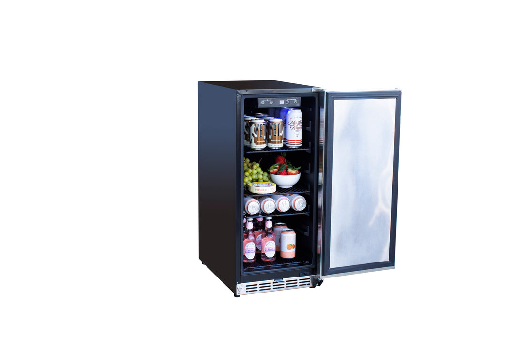 Stono Outdoor Living The TrueFlame 15" 3.2 Cu. Ft. Outdoor Rated Refrigerator (AMD-RFR-15S) by TrueFlame is shown open, stocked with cans, bottles, strawberries, and grapes—ideal for compact outdoor kitchen or refrigeration needs.