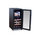 Stono Outdoor Living The TrueFlame 15" 3.2 Cu. Ft. Outdoor Rated Dual Zone Wine Cooler (AMD-RFR-15WD) features a glass door, upper shelves for cans, and wooden racks below for wine bottles—ideal for your patio or outdoor kitchen refrigeration needs.