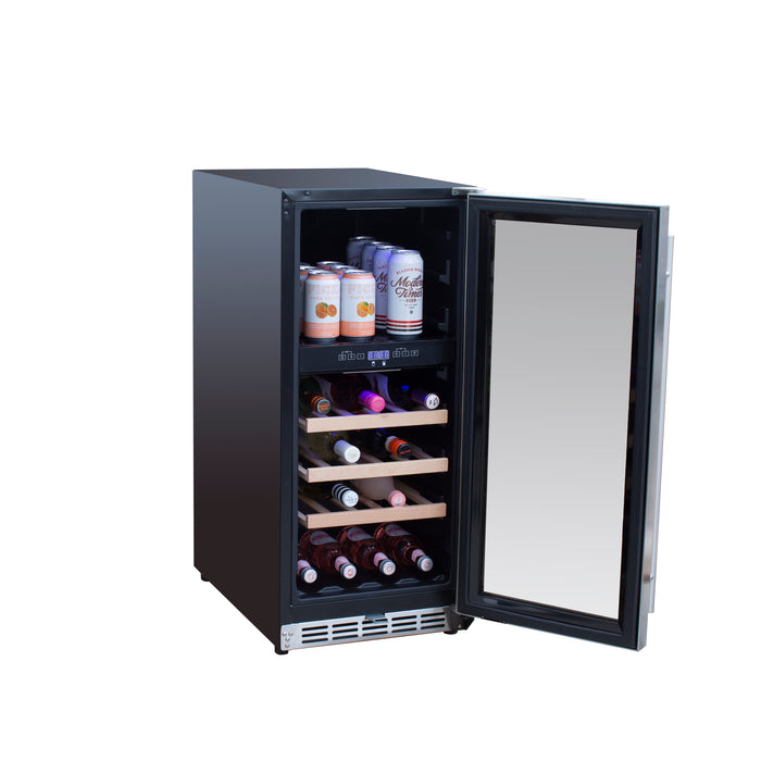 Stono Outdoor Living The TrueFlame 15" 3.2 Cu. Ft. Outdoor Rated Single Zone Wine Cooler (AMD-RFR-15W) features a glass door, wooden wine racks, and top shelf space for cans—ideal for stylish outdoor kitchens and reliable outdoor refrigeration.