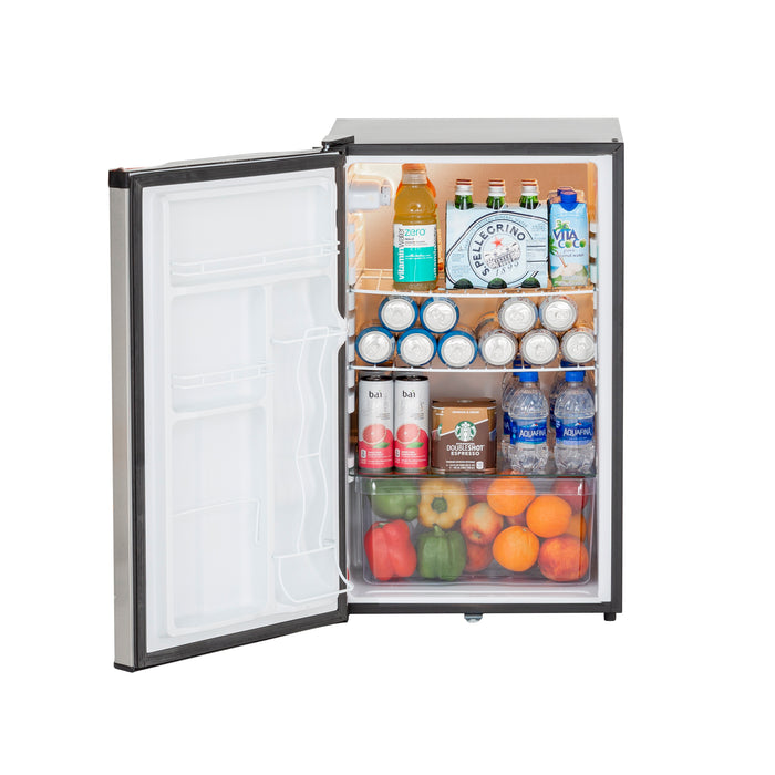 Stono Outdoor Living The TrueFlame 22" 4.1c Deluxe Outdoor Approved Fridge (AMD-RFR-22D) with upgraded SS door and handle is stocked for your outdoor kitchen—filled with drinks, fruits, and vegetables on shelves and in the drawer.