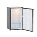 Stono Outdoor Living The TrueFlame 22" 4.1c Outdoor Approved Fridge (AMD-RFR-22S) features wire shelves, a clear bottom drawer, stainless steel reversible door with lock, and door compartments, shown open and empty against a white background.