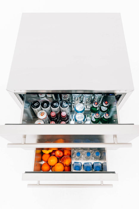 Stono Outdoor Living A top-down view of the TrueFlame 24" 5.1 Cu. Ft. Deluxe Outdoor Rated 2-Drawer Refrigerator shows sturdy stainless steel drawers—one for drinks, one for snacks—making it ideal for any outdoor kitchen.