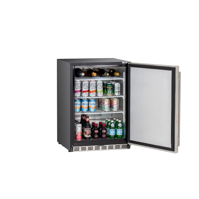Stono Outdoor Living The TrueFlame 24" 5.1 Cu. Ft. Outdoor Rated Refrigerator (Right Hinge) features a stainless steel door, sleek black body, bottom vent, and shelves stocked with wine bottles, cans, and glass bottles—perfect for stylish outdoor storage.