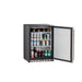 Stono Outdoor Living The TrueFlame 24" 5.1 Cu. Ft. Outdoor Rated Refrigerator (Right Hinge) features a stainless steel door, sleek black body, bottom vent, and shelves stocked with wine bottles, cans, and glass bottles—perfect for stylish outdoor storage.