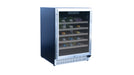 Stono Outdoor Living The TrueFlame 24" 5.3 Cu. Ft. Outdoor Rated Single Zone Wine Cooler (AMD-RFR-24W) features a glass front and stainless steel design with shelves for wine bottles and beverages, ideal for outdoor kitchens, shown against a white background.