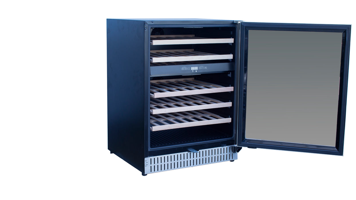 Stono Outdoor Living The TrueFlame 24" 5.3 Cu. Ft. Outdoor Rated Dual Zone Wine Cooler (AMD-RFR-24WD) features a sleek black finish, glass door, and wooden shelves—ideal for stylish wine storage in your patio or outdoor kitchen.