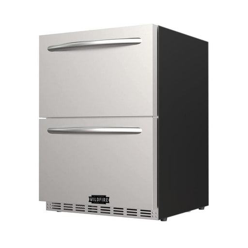 Stono Outdoor Living The Wildfire 24” Dual Door Fridge (WFRDD24) by Wildfire Outdoor Living features a stainless steel finish, horizontal handles, black side panels, and a Wildfire logo—ideal as a built-in refrigerator for modern spaces.