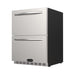 Stono Outdoor Living The Wildfire 24” Dual Door Fridge (WFRDD24) by Wildfire Outdoor Living features a stainless steel finish, horizontal handles, black side panels, and a Wildfire logo—ideal as a built-in refrigerator for modern spaces.