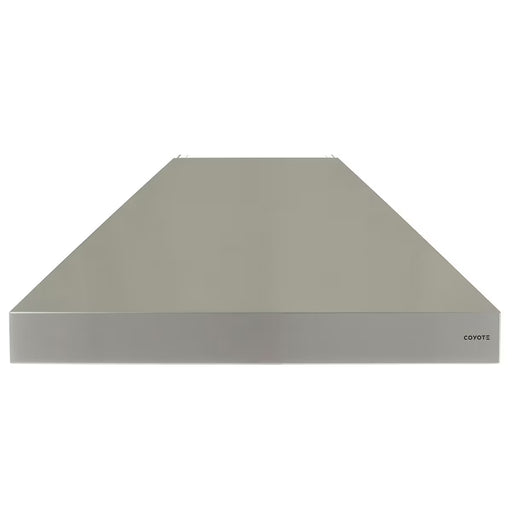 Stono Outdoor Living Front view of the Coyote 36" Outdoor Chimney Hood (C1HOOD36) in stainless steel, featuring a flat surface for efficient outdoor kitchen ventilation. The Coyote brand logo appears in the lower right corner.