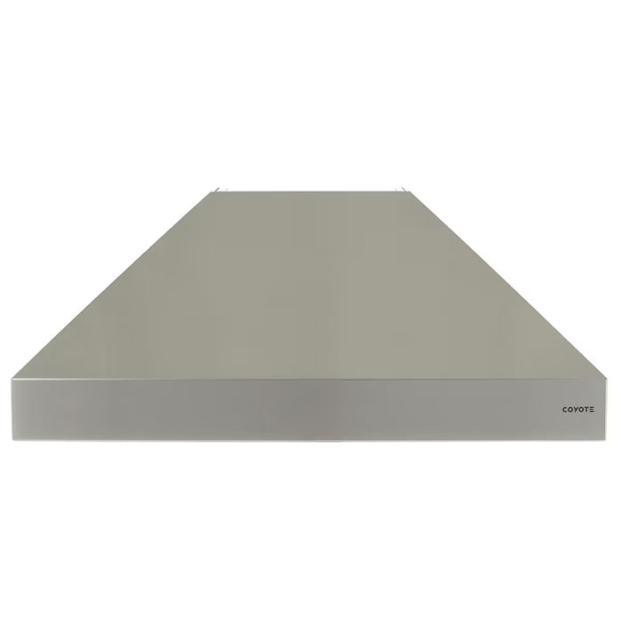Stono Outdoor Living Front view of the Coyote 36" Outdoor Chimney Hood (C1HOOD36) in stainless steel, featuring a flat surface for efficient outdoor kitchen ventilation. The Coyote brand logo appears in the lower right corner.