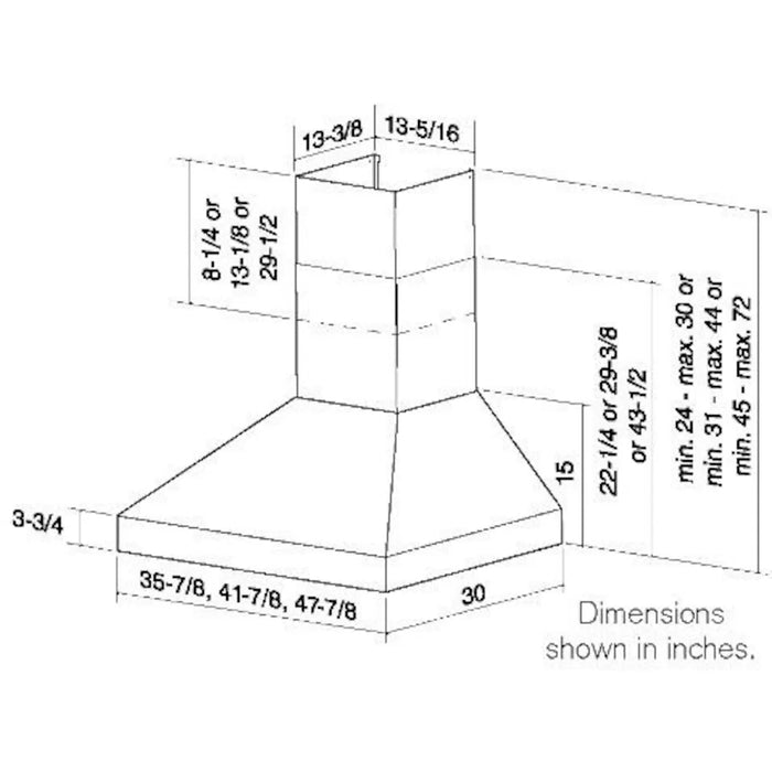 Stono Outdoor Living Line drawing of Coyote Duct Cover for Chimney Hood for Ceilings with labeled dimensions in inches: widths (35-7/8, 41-7/8, 47-7/8), depth (30), adjustable chimney height—measurements shown by arrows; ideal for outdoor kitchens.