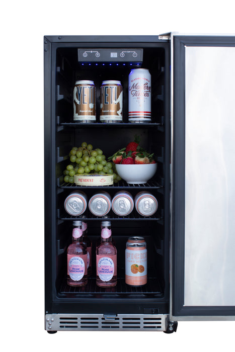 Stono Outdoor Living The TrueFlame 15" 3.2 Cu. Ft. Outdoor Rated Refrigerator (AMD-RFR-15S) by TrueFlame features a compact stainless steel design, perfect for storing drinks and snacks in your outdoor kitchen or for all your outdoor refrigeration needs.