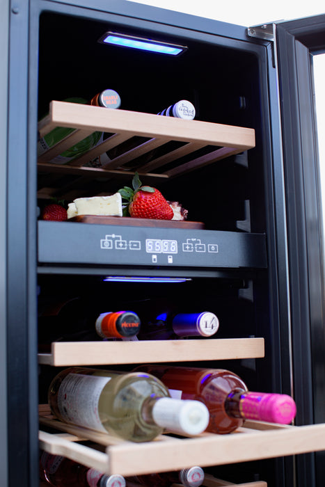 Stono Outdoor Living The TrueFlame 15" 3.2 Cu. Ft. Outdoor Rated Single Zone Wine Cooler (AMD-RFR-15W) features a stainless steel design with wooden shelves, blue LED lighting, and a digital temperature display—ideal for storing wine, cheese, and more in your outdoor kitchen.