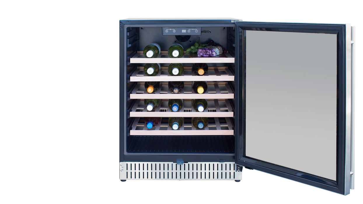 Stono Outdoor Living The TrueFlame 24" 5.3 Cu. Ft. Outdoor Rated Single Zone Wine Cooler (AMD-RFR-24W) features a stainless steel design, glass door, and wooden shelves for horizontal wine storage—perfect for outdoor kitchen use.