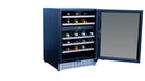 Stono Outdoor Living The TrueFlame 24" 5.3 Cu. Ft. Outdoor Rated Dual Zone Wine Cooler (AMD-RFR-24WD) features a black finish, glass door, horizontal wine storage, digital control panel inside, and bottom vent—perfect for outdoor kitchens.