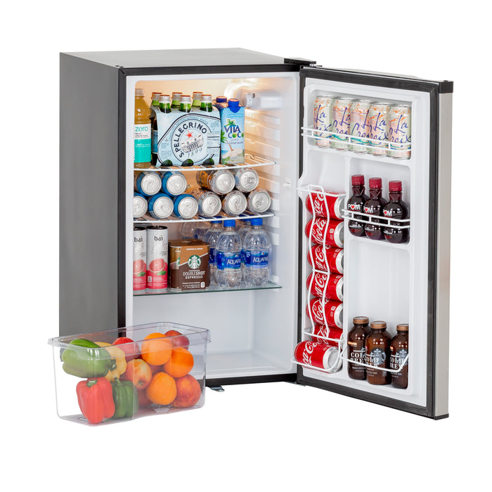 Stono Outdoor Living The TrueFlame 22" 4.1c Outdoor Approved Fridge (AMD-RFR-22S) by TrueFlame features a stainless steel reversible door with lock and is compact, ideal for storing bottled water, soda cans, flavored water, glass bottles, and assorted fruits/vegetables.