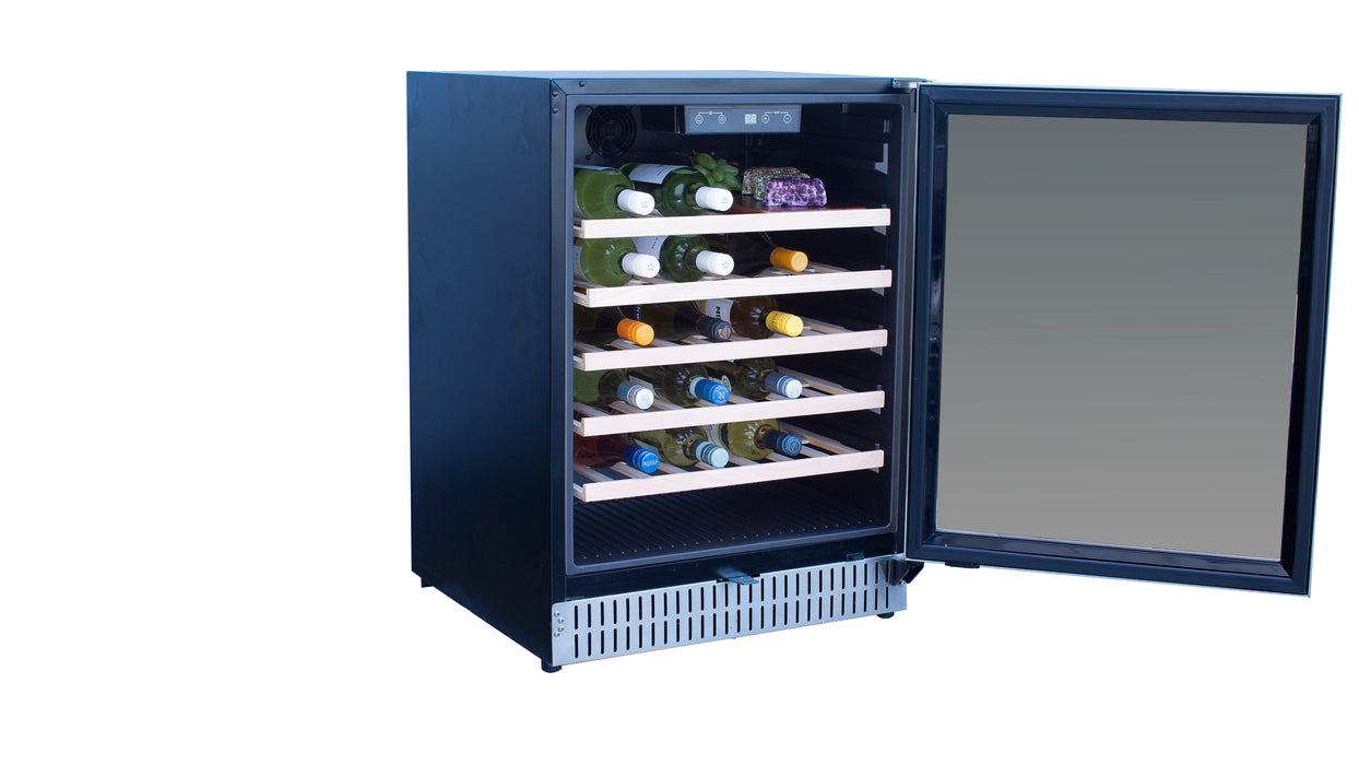 Stono Outdoor Living The TrueFlame 24" 5.3 Cu. Ft. Outdoor Rated Single Zone Wine Cooler (AMD-RFR-24W) features a sleek glass door, multiple shelves for horizontal bottle storage, and adds style to any outdoor kitchen setup.