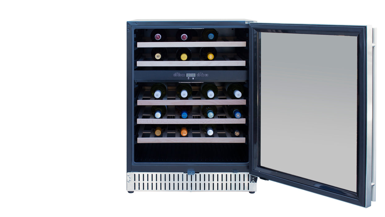 Stono Outdoor Living The TrueFlame 24" 5.3 Cu. Ft. Outdoor Rated Dual Zone Wine Cooler (AMD-RFR-24WD) features a sleek glass door and wood shelves for horizontal bottle storage—ideal for stylish, seamless outdoor kitchen refrigeration.