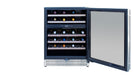 Stono Outdoor Living The TrueFlame 24" 5.3 Cu. Ft. Outdoor Rated Dual Zone Wine Cooler (AMD-RFR-24WD) features a sleek glass door and wood shelves for horizontal bottle storage—ideal for stylish, seamless outdoor kitchen refrigeration.