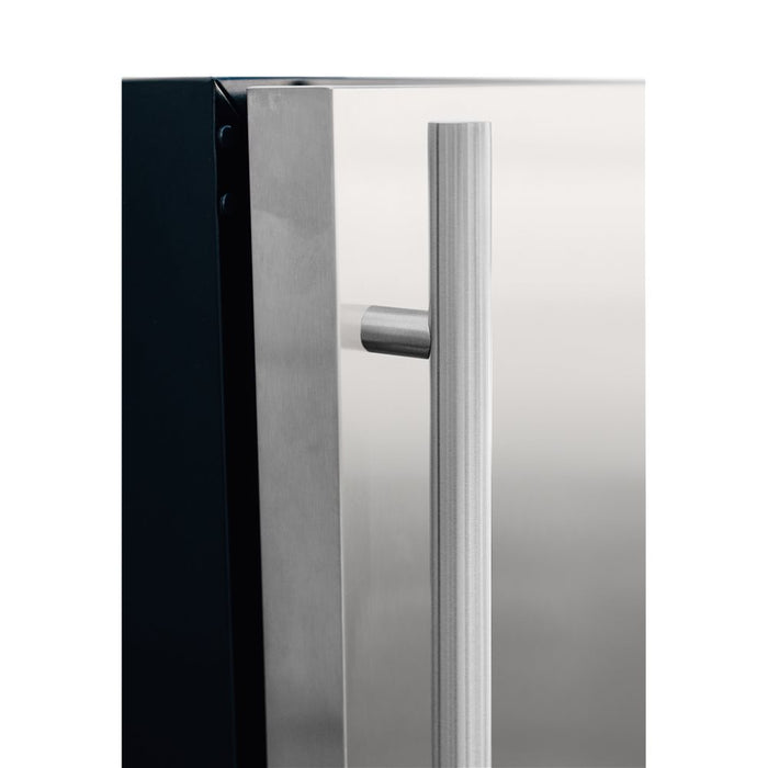 Stono Outdoor Living Close-up of the stainless steel handle on the TrueFlame 24" 5.0 Cu. Ft. Outdoor Rated Refrigerator (125-AMD-RFR-24S-B), showing its brushed, weather-resistant finish against a white background—ideal for outdoor kitchens.