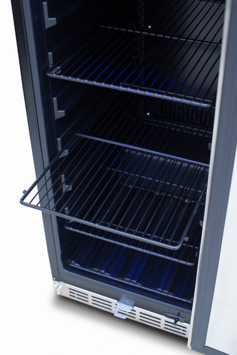 Stono Outdoor Living A close-up of the TrueFlame 15" 3.2 Cu. Ft. Outdoor Rated Refrigerator (AMD-RFR-15S) shows its sleek, clean interior with three metal wire shelves—ideal for modern outdoor kitchen and refrigeration needs.