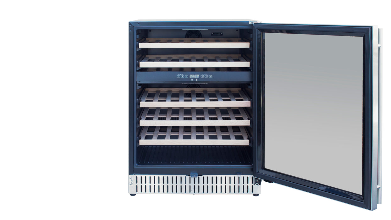 Stono Outdoor Living The TrueFlame 24" 5.3 Cu. Ft. Outdoor Rated Dual Zone Wine Cooler (AMD-RFR-24WD) features a stainless steel and glass door, digital display, easy controls, and wooden shelves for wine bottles—ideal for any outdoor kitchen.