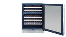 Stono Outdoor Living The TrueFlame 24" 5.3 Cu. Ft. Outdoor Rated Dual Zone Wine Cooler (AMD-RFR-24WD) features a stainless steel and glass door, digital display, easy controls, and wooden shelves for wine bottles—ideal for any outdoor kitchen.