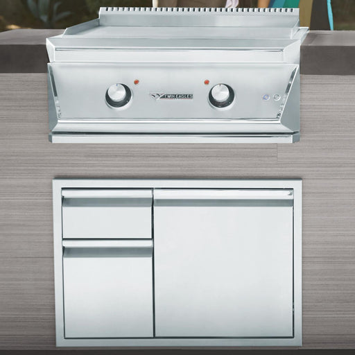 Stono Outdoor Living The Twin Eagles 30-Inch Built-In Propane Gas Teppanyaki Griddle (TETG30-CL) features two control knobs and a closed stainless steel storage cabinet, seamlessly built into a modern outdoor kitchen with a sleek cooking surface.