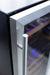 Stono Outdoor Living Close-up of the TrueFlame 15" 3.2 Cu. Ft. Outdoor Rated Single Zone Wine Cooler, featuring a stainless steel finish, glass door, wooden shelves, and blue interior lighting—an ideal choice for outdoor kitchens by TrueFlame.