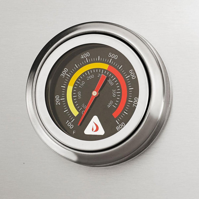 Stono Outdoor Living A close-up of a round metal temperature gauge (100–800°F) on the Delta Heat 26-Inch 2-Burner Built-In Propane Gas Grill (DHBQ26G-DL), with the needle at 175°F—ideal for outdoor kitchens and Delta Heat grilling setups.
