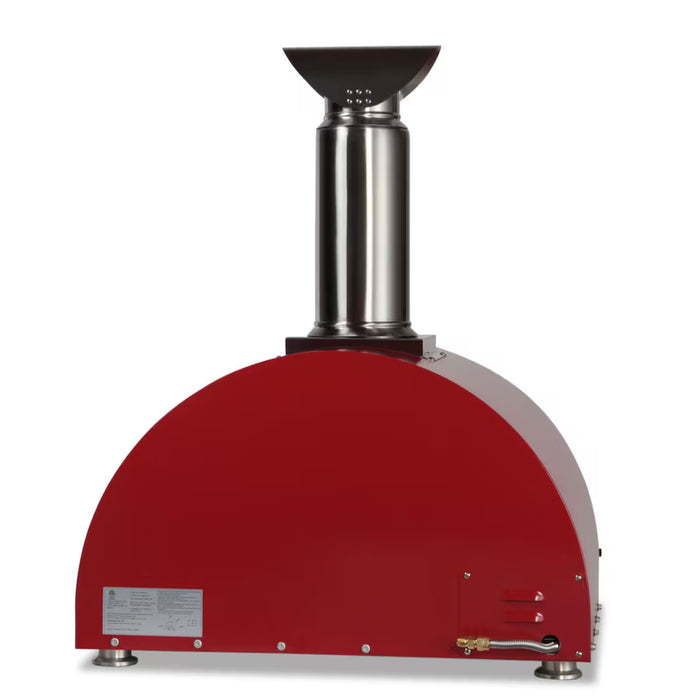 Stono Outdoor Living The Coyote 30" Hybrid Multi-Fuel Outdoor Oven in Red (C1PZ30HRLP) features a dome shape, stainless steel chimney, and lower right control knob—ideal for adding wood-fired flavor to your outdoor kitchen. Shown on a plain white background.