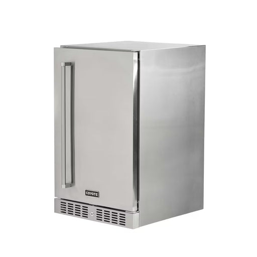 Stono Outdoor Living The Coyote 21" Outdoor Refrigerator (C121R-S-R) features a right-hinged door with a vertical handle, bottom vent slots, and Coyote branding—perfect for outdoor kitchens, shown against a white background.