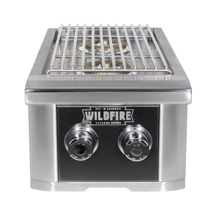 Stono Outdoor Living Front view of the Wildfire Ranch Pro Double Side Burner 304 Black SS Propane by Wildfire Outdoor Living, featuring two control knobs, metal grate, black stainless steel finish, and prominent front branding.