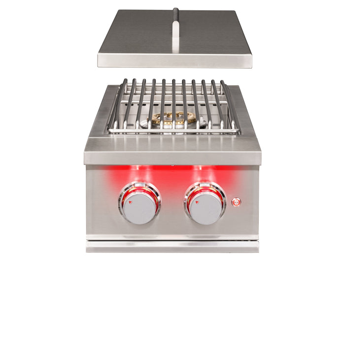 Stono Outdoor Living The TrueFlame Double Side Burner - TFSB2 by TrueFlame features two red-lit control knobs, a stainless steel build, metal grate, and hinged back lid—ideal for outdoor kitchens. Shown against a white background.