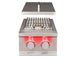 Stono Outdoor Living The TrueFlame Double Side Burner - TFSB2 by TrueFlame features two red-lit control knobs, a stainless steel build, metal grate, and hinged back lid—ideal for outdoor kitchens. Shown against a white background.