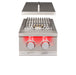 Stono Outdoor Living The TrueFlame Gas Double Side Burner - TFSB2L by TrueFlame features two red LED-lit control knobs, a metal grate, and a closed lid—perfect for outdoor kitchens. The stainless steel unit is shown from the front.