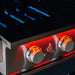 Stono Outdoor Living Close-up of the TrueFlame 32" 4-Burner Built-In Propane Gas Grill (TF32L) with premium stainless steel finish, two red-lit control knobs, blue flames visible inside, and the TrueFlame logo between the knobs.