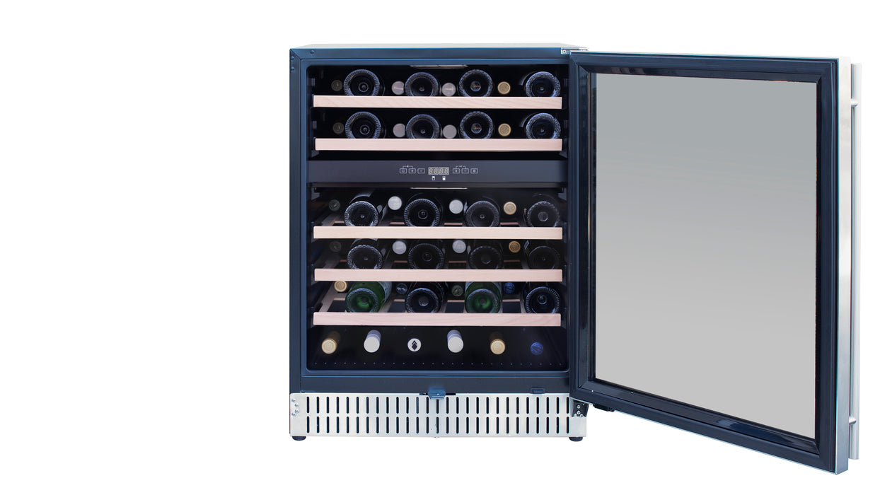 Stono Outdoor Living The TrueFlame 24" 5.3 Cu. Ft. Outdoor Rated Dual Zone Wine Cooler (AMD-RFR-24WD) features multiple shelves for wine storage, stylishly enhancing any outdoor kitchen, shown open against a white background to display its contents.