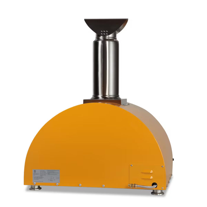 Stono Outdoor Living The Coyote 30" Hybrid Multi-Fuel Outdoor Oven in Yellow (C1PZ30HYLP) features a modern dome design and tall silver chimney, bringing wood-fired flavor to your outdoor kitchen, shown here against a white background.