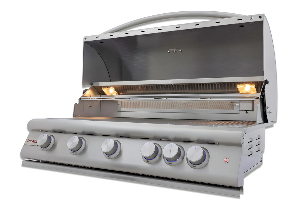Stono Outdoor Living The Blaze Premium LTE+ 40" 5-Burner Propane Grill (BLZ-5LTE3-LP) by Blaze features rear infrared burner, five control knobs, igniter button, two grill lights, stainless steel burners, and comes with a lifetime warranty for lasting durability.